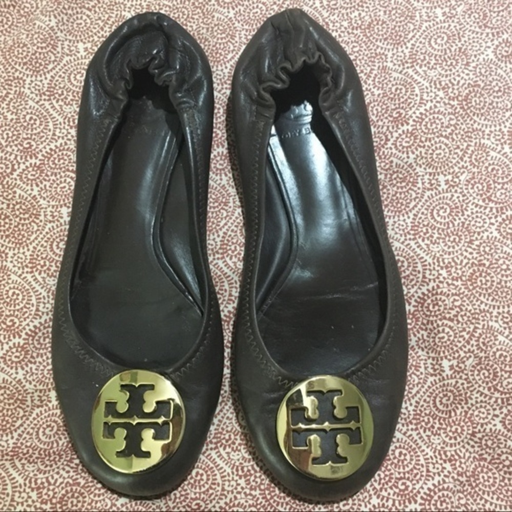TORY BURCH REVA Chocolate Brown Ballet Flats 7.5